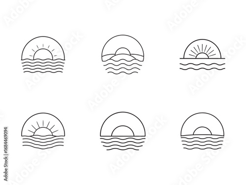 Monochrome Sunset and Ocean Line Art Icons Set for Travel and Tourism Industry Logo Design and Website Elements