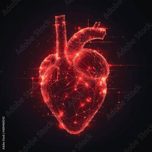 Futuristic cardiogram banner concept with glowing low polygonal red heart symbol and place for text , vector style simple color