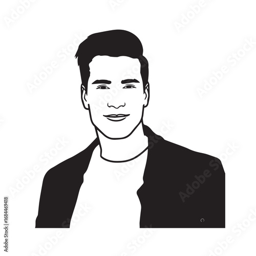 Handsome Man Black and White Illustration Vector Image Male Portrait Fashion Sketch Line Art Design
