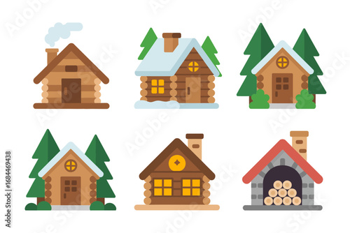 Cozy wooden cabin illustrations, log chalet houses chimneys, pine forest cottages, winter lodge exterior designs, rustic home icons