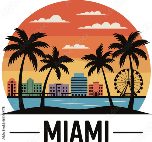 Vibrant Miami skyline at sunset with palm trees creates an iconic travel destination vibe.