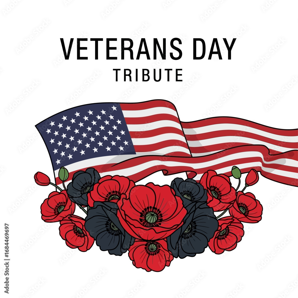 Obraz premium A heartfelt illustration honoring veterans with a flag and poppy arrangement creating a poignant