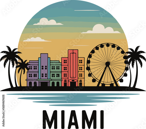 Vibrant Miami skyline with Ferris wheel and palm trees evokes sunny vacation paradise vibes