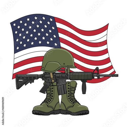 Symbolic tribute featuring military gear against backdrop of the american flag design