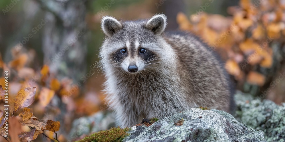 Naklejka premium Raccoon in autumn forest with colorful foliage and lichen-covered rock. National Raccoon Day
