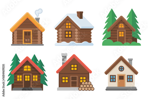 Rustic cottage vector collection, cozy timber cabin facades, snow covered roofs, pine trees, village lodge illustrations, homestead icons