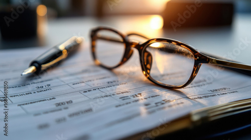 Wallpaper Mural Close-up of reading glasses and pen on financial document in sunlit office. Long Term Care Planning Month Torontodigital.ca