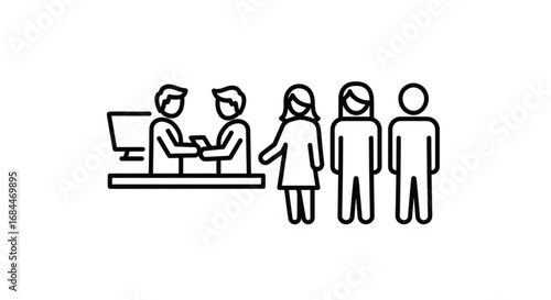 Line art illustration of people waiting in line at a service desk with a computer and staff member