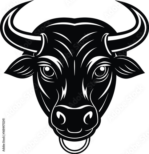 Vector art of a fierce black bulls head with large horns and a ring in its nose, depicted in a graphic style, isolated on a