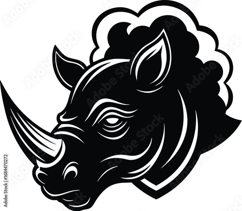 Vector art of a powerful black rhinoceros head with a prominent horn and a distinctive mane, rendered in a graphic style, isolated on a