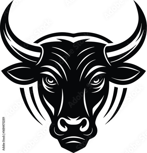 Vector art of a striking black bulls head with intense eyes and powerful horns, presented in a graphic illustration style, isolated on a