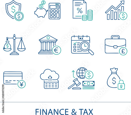 Modern finance and tax icons symbolizing growth, security, and transactions for business success