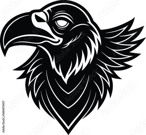 Vector art of striking black and white illustration of a raven or crows head in profile, isolated on a, conveying mystery and intelligence