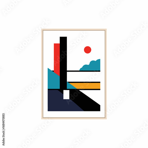 Geometric composition featuring vibrant colors and minimalist shapes evokes modern simplicity and