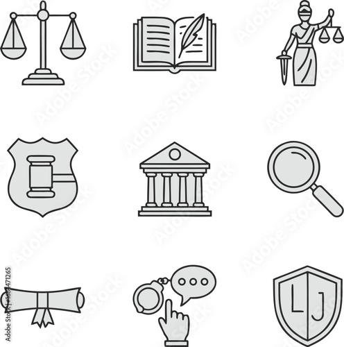 Essential legal icons justice law courthouse scales gavel diploma handcuffs magnifying glass symbolizing legal services