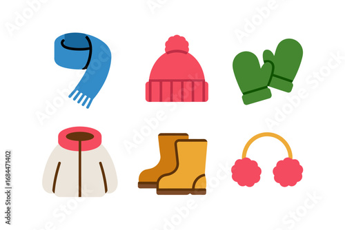 Children winter clothing vector set, playful hat and mittens, fluffy earmuffs, warm boots and cozy hooded jacket