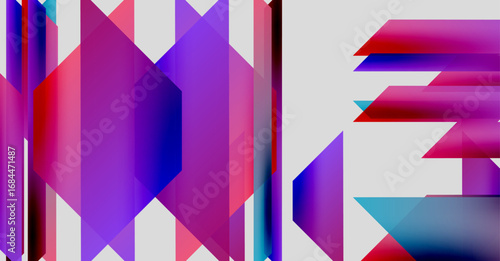 Abstract geometric design featuring vibrant purple, blue, red hues. Letters ME form bold, fragmented shapes. Modern, colorful composition.