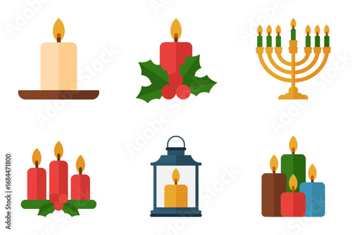 Festive candle arrangements illustration pack, table candles with holly, lantern lights, cozy flame decorations, winter holiday centerpiece graphics