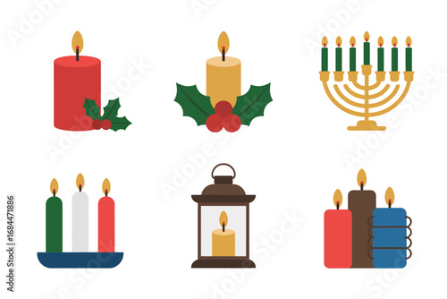 Festive candle arrangement vector illustrations, menorah, pillar candles on holly wreath, lantern accents, seasonal decoration, warm holiday light, cozy celebration