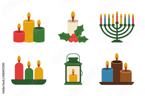 Candles and lantern holiday collection, pillar candles, menorah variations, tealight holders, festive wreath decorations, warm glow, seasonal centerpiece, cozy mood
