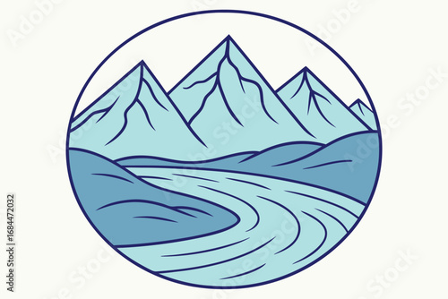 Blue Mountain Range and River in Circular Outline mountains stream