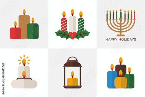 Winter candle and lantern vector set, glowing pillar candles, menorah arrangements, rustic lantern accents, festive holly, cozy seasonal lighting