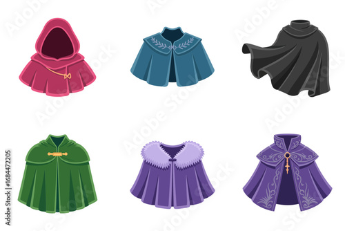Hooded cape and ceremonial robe vector set, elegant fabrics, fur trimmed collars, dramatic costume accessories, theatrical fantasy wear, magical wardrobe essentials