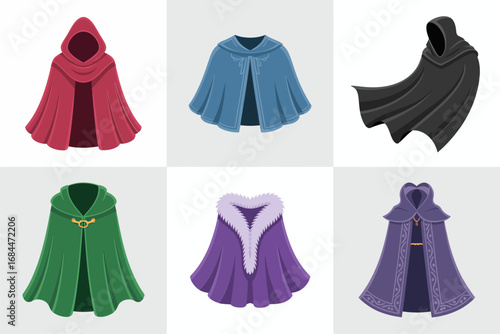 Fantasy cloak collection vector illustrations, hooded capes, magician robes, ornate fastenings, embroidered trims, theatrical costume pieces, cosplay stage wardrobe essentials