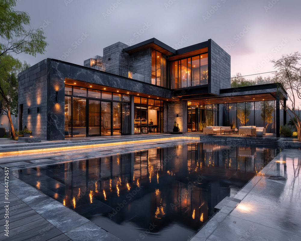 Obraz premium Modern luxury house with large glass windows and outdoor pool reflecting warm lights at dusk, surrounded by trees and elegant outdoor seating area creating serene atmosphere