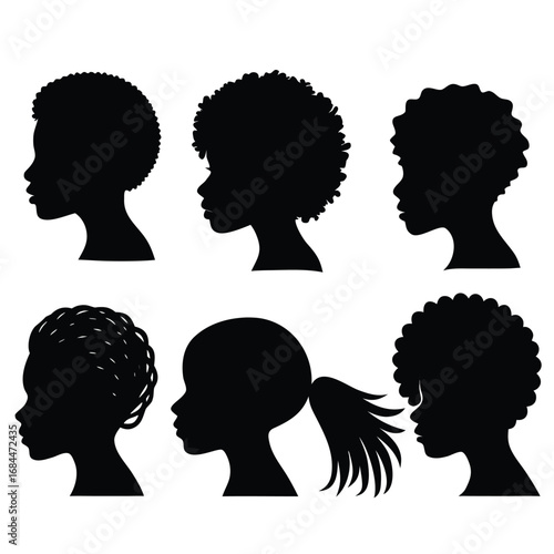 Diverse hairstyles black silhouettes profile portraits white