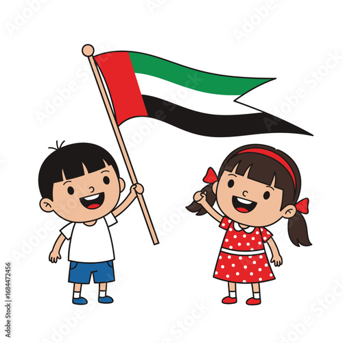 Celebrating national unity: cheerful children holding the UAE flag with joyful enthusiasm