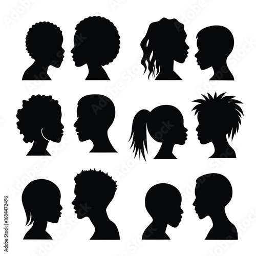 Diverse children profiles facing each other silhouettes black