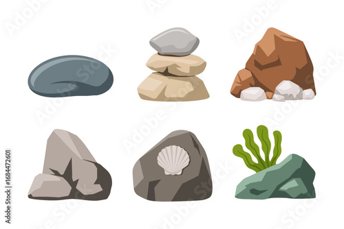 Pebble and rock illustrations, stacked stones, natural boulders, seashell ornaments, moss covered rocks, geology formations, landscaping decoration, spa balance concepts