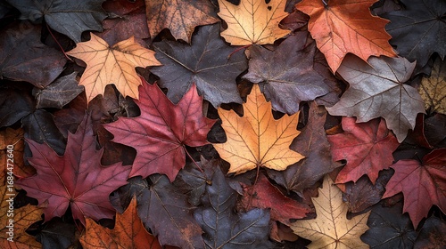 Close-up view of colorful fallen maple leaves