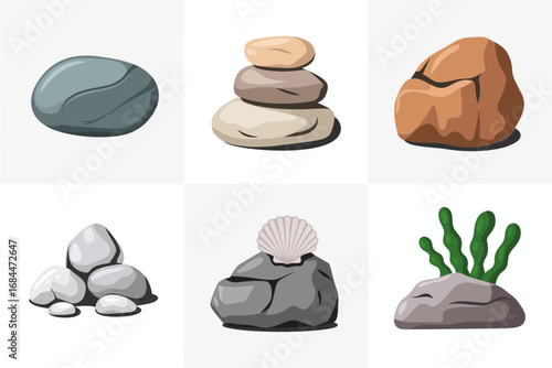 Rock and boulder vector set, smooth stones, balanced pebble towers, seashell accents, aquatic plants, natural landscape design, outdoor garden decoration elements