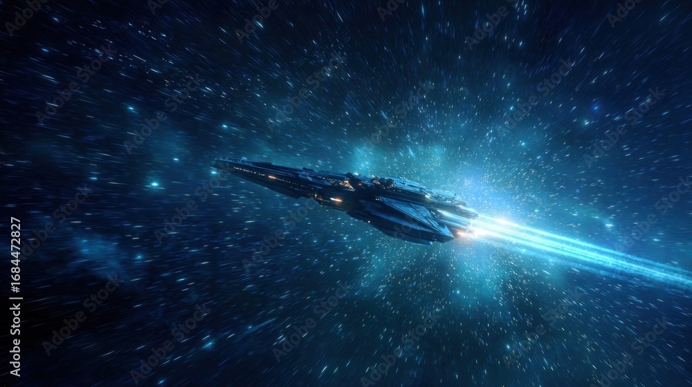 Fototapeta premium A sleek spaceship soars through the dark cosmos, its lights blazing against a blue nebula and distant stars
