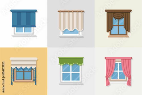 Window blind and valance icons, cafe curtains, scalloped pelmet, box pleat drapery, soft folds, pastel colorway, cozy room decor illustrations