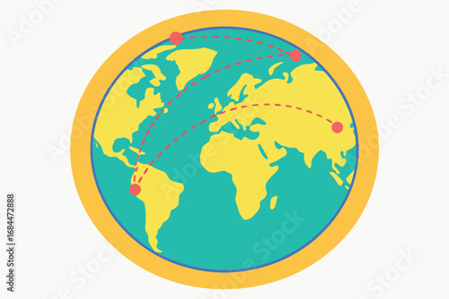 Circular world map with dashed red travel routes and red destination markers globe