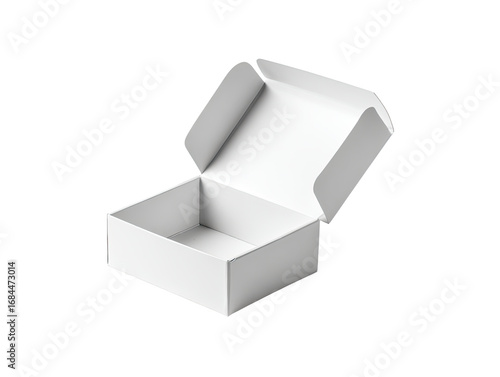 Open white cardboard box, square shape, angled view