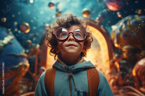 A smart boy in round glasses fantasizes about distant fantasy worlds, planets, space, the universe. Positive child, schoolboy against the background of multi-colored galaxies and nebulae.