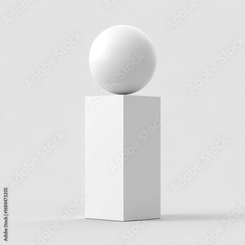 A white sphere rests atop a white cube against a plain white backdrop