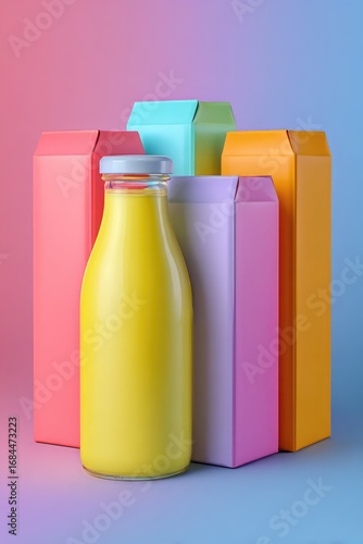 Colorful juice bottle and cartons on gradient background