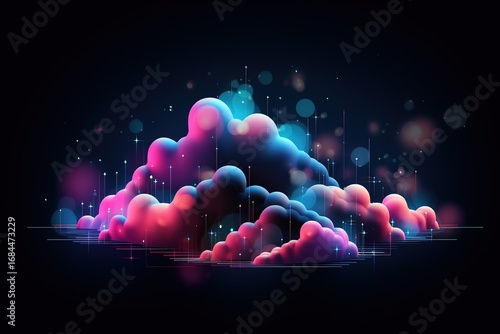 Digital abstract background, neon clouds, mountains, simple geometric shapes. Points and lines of neural connections.