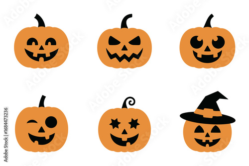 Halloween pumpkin face set, carved jack o lantern expressions, creepy grins, smiling spooky motifs, witch hat accessory, autumn festival graphics