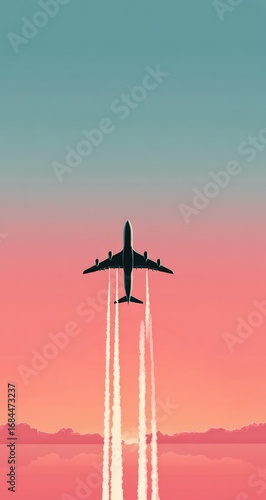 Airplane in sunset, contrails over water