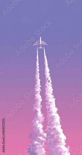 Airplane ascending, leaving vapor trails against a pink and purple sky