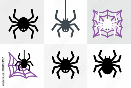 Spider silhouette vector set, arachnid icons and cobweb patterns, spooky web motifs, hanging spiders, Halloween creepy insect decorations