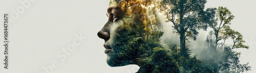 Symbolic meaning showing the interconnected nature concept. A portrait blending human emotion with nature's beauty.