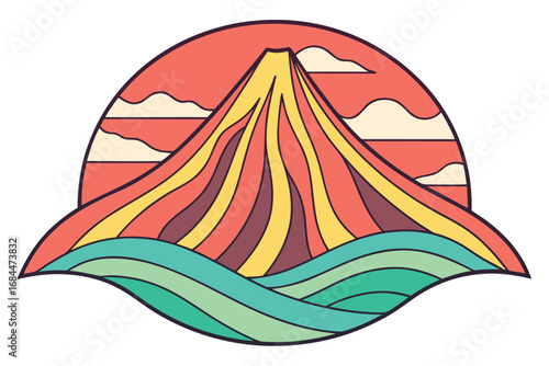 Colorful Stylized Volcano Erupting with Ocean Waves and Clouds mountain eruption
