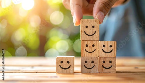 A hand carefully places wooden blocks, each displaying a happy face, to create a rising stack; a symbol of increasing positive feedback.